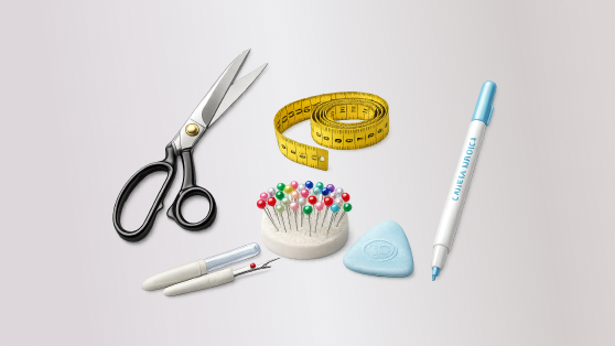 Kit Básico com tesoura de tecido, fita métrica, alfinetes, desmanchador, giz e caneta mágica